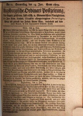 Augsburgische Ordinari Postzeitung von Staats-, gelehrten, historisch- u. ökonomischen Neuigkeiten (Augsburger Postzeitung) Donnerstag 13. Januar 1803