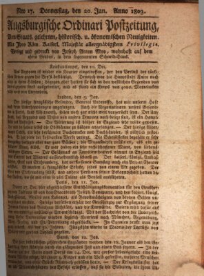 Augsburgische Ordinari Postzeitung von Staats-, gelehrten, historisch- u. ökonomischen Neuigkeiten (Augsburger Postzeitung) Donnerstag 20. Januar 1803