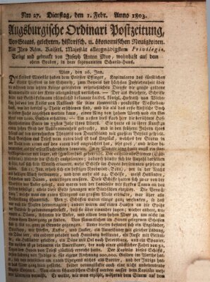 Augsburgische Ordinari Postzeitung von Staats-, gelehrten, historisch- u. ökonomischen Neuigkeiten (Augsburger Postzeitung) Dienstag 1. Februar 1803