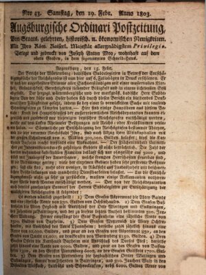 Augsburgische Ordinari Postzeitung von Staats-, gelehrten, historisch- u. ökonomischen Neuigkeiten (Augsburger Postzeitung) Samstag 19. Februar 1803