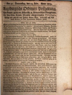 Augsburgische Ordinari Postzeitung von Staats-, gelehrten, historisch- u. ökonomischen Neuigkeiten (Augsburger Postzeitung) Donnerstag 24. Februar 1803