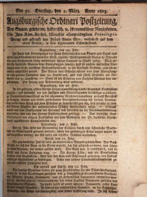 Augsburgische Ordinari Postzeitung von Staats-, gelehrten, historisch- u. ökonomischen Neuigkeiten (Augsburger Postzeitung) Dienstag 1. März 1803