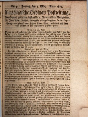 Augsburgische Ordinari Postzeitung von Staats-, gelehrten, historisch- u. ökonomischen Neuigkeiten (Augsburger Postzeitung) Freitag 4. März 1803