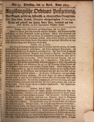 Augsburgische Ordinari Postzeitung von Staats-, gelehrten, historisch- u. ökonomischen Neuigkeiten (Augsburger Postzeitung) Dienstag 19. April 1803