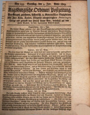 Augsburgische Ordinari Postzeitung von Staats-, gelehrten, historisch- u. ökonomischen Neuigkeiten (Augsburger Postzeitung) Samstag 4. Juni 1803