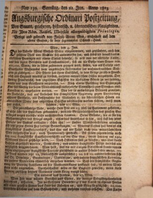 Augsburgische Ordinari Postzeitung von Staats-, gelehrten, historisch- u. ökonomischen Neuigkeiten (Augsburger Postzeitung) Samstag 11. Juni 1803