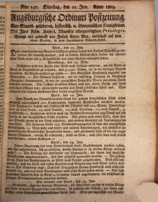 Augsburgische Ordinari Postzeitung von Staats-, gelehrten, historisch- u. ökonomischen Neuigkeiten (Augsburger Postzeitung) Dienstag 21. Juni 1803