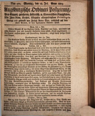 Augsburgische Ordinari Postzeitung von Staats-, gelehrten, historisch- u. ökonomischen Neuigkeiten (Augsburger Postzeitung) Montag 18. Juli 1803