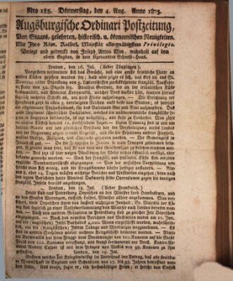 Augsburgische Ordinari Postzeitung von Staats-, gelehrten, historisch- u. ökonomischen Neuigkeiten (Augsburger Postzeitung) Donnerstag 4. August 1803