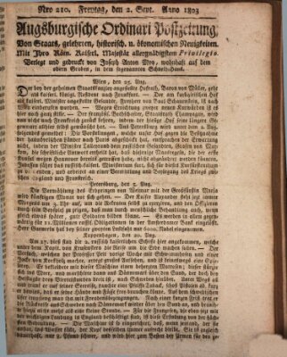 Augsburgische Ordinari Postzeitung von Staats-, gelehrten, historisch- u. ökonomischen Neuigkeiten (Augsburger Postzeitung) Freitag 2. September 1803