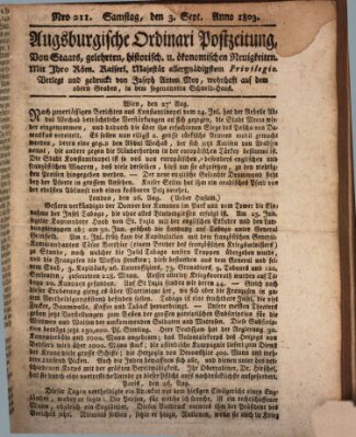 Augsburgische Ordinari Postzeitung von Staats-, gelehrten, historisch- u. ökonomischen Neuigkeiten (Augsburger Postzeitung) Samstag 3. September 1803