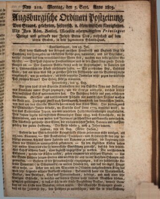 Augsburgische Ordinari Postzeitung von Staats-, gelehrten, historisch- u. ökonomischen Neuigkeiten (Augsburger Postzeitung) Montag 5. September 1803
