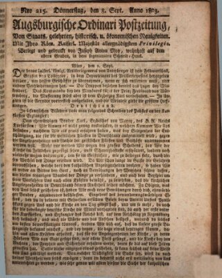 Augsburgische Ordinari Postzeitung von Staats-, gelehrten, historisch- u. ökonomischen Neuigkeiten (Augsburger Postzeitung) Donnerstag 8. September 1803