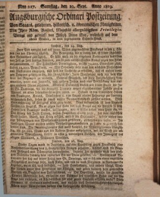 Augsburgische Ordinari Postzeitung von Staats-, gelehrten, historisch- u. ökonomischen Neuigkeiten (Augsburger Postzeitung) Samstag 10. September 1803