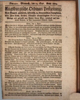 Augsburgische Ordinari Postzeitung von Staats-, gelehrten, historisch- u. ökonomischen Neuigkeiten (Augsburger Postzeitung) Mittwoch 14. September 1803