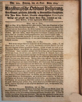 Augsburgische Ordinari Postzeitung von Staats-, gelehrten, historisch- u. ökonomischen Neuigkeiten (Augsburger Postzeitung) Freitag 16. September 1803