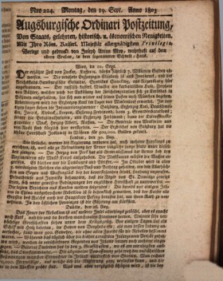 Augsburgische Ordinari Postzeitung von Staats-, gelehrten, historisch- u. ökonomischen Neuigkeiten (Augsburger Postzeitung) Montag 19. September 1803