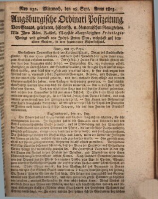 Augsburgische Ordinari Postzeitung von Staats-, gelehrten, historisch- u. ökonomischen Neuigkeiten (Augsburger Postzeitung) Mittwoch 28. September 1803