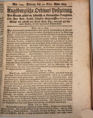 Augsburgische Ordinari Postzeitung von Staats-, gelehrten, historisch- u. ökonomischen Neuigkeiten (Augsburger Postzeitung) Freitag 30. September 1803