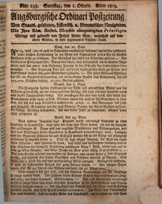 Augsburgische Ordinari Postzeitung von Staats-, gelehrten, historisch- u. ökonomischen Neuigkeiten (Augsburger Postzeitung) Samstag 1. Oktober 1803