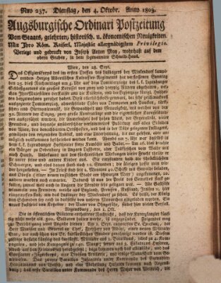 Augsburgische Ordinari Postzeitung von Staats-, gelehrten, historisch- u. ökonomischen Neuigkeiten (Augsburger Postzeitung) Dienstag 4. Oktober 1803