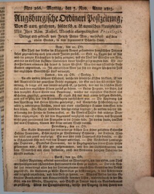 Augsburgische Ordinari Postzeitung von Staats-, gelehrten, historisch- u. ökonomischen Neuigkeiten (Augsburger Postzeitung) Montag 7. November 1803