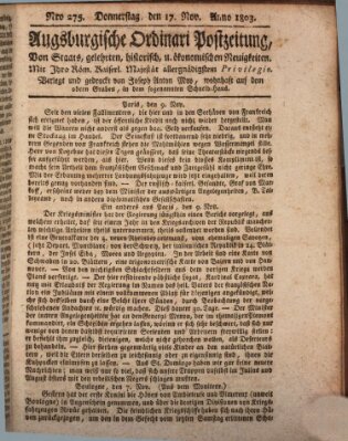 Augsburgische Ordinari Postzeitung von Staats-, gelehrten, historisch- u. ökonomischen Neuigkeiten (Augsburger Postzeitung) Donnerstag 17. November 1803