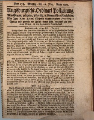 Augsburgische Ordinari Postzeitung von Staats-, gelehrten, historisch- u. ökonomischen Neuigkeiten (Augsburger Postzeitung) Montag 21. November 1803