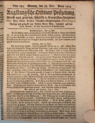 Augsburgische Ordinari Postzeitung von Staats-, gelehrten, historisch- u. ökonomischen Neuigkeiten (Augsburger Postzeitung) Montag 28. November 1803