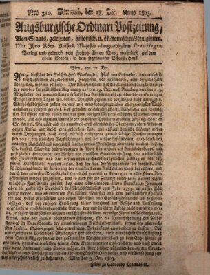 Augsburgische Ordinari Postzeitung von Staats-, gelehrten, historisch- u. ökonomischen Neuigkeiten (Augsburger Postzeitung) Mittwoch 28. Dezember 1803