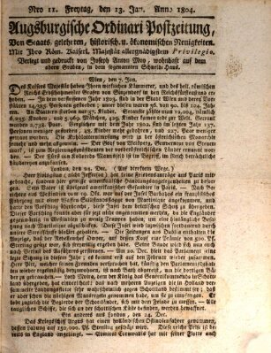 Augsburgische Ordinari Postzeitung von Staats-, gelehrten, historisch- u. ökonomischen Neuigkeiten (Augsburger Postzeitung) Freitag 13. Januar 1804