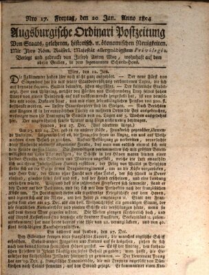 Augsburgische Ordinari Postzeitung von Staats-, gelehrten, historisch- u. ökonomischen Neuigkeiten (Augsburger Postzeitung) Freitag 20. Januar 1804