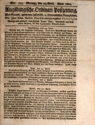 Augsburgische Ordinari Postzeitung von Staats-, gelehrten, historisch- u. ökonomischen Neuigkeiten (Augsburger Postzeitung) Sonntag 29. April 1804