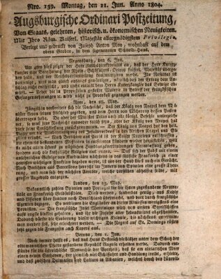 Augsburgische Ordinari Postzeitung von Staats-, gelehrten, historisch- u. ökonomischen Neuigkeiten (Augsburger Postzeitung) Montag 11. Juni 1804