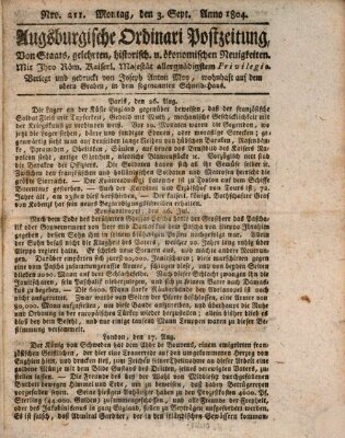 Augsburgische Ordinari Postzeitung von Staats-, gelehrten, historisch- u. ökonomischen Neuigkeiten (Augsburger Postzeitung) Montag 3. September 1804