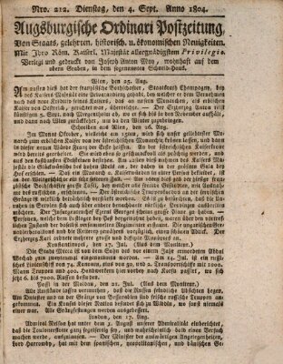 Augsburgische Ordinari Postzeitung von Staats-, gelehrten, historisch- u. ökonomischen Neuigkeiten (Augsburger Postzeitung) Dienstag 4. September 1804