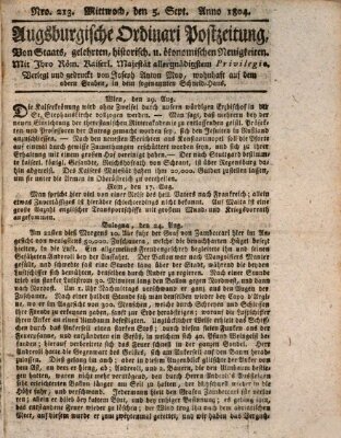 Augsburgische Ordinari Postzeitung von Staats-, gelehrten, historisch- u. ökonomischen Neuigkeiten (Augsburger Postzeitung) Mittwoch 5. September 1804