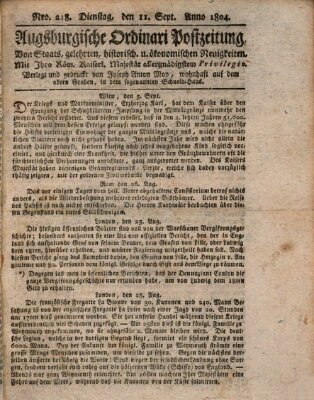 Augsburgische Ordinari Postzeitung von Staats-, gelehrten, historisch- u. ökonomischen Neuigkeiten (Augsburger Postzeitung) Dienstag 11. September 1804