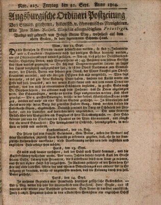 Augsburgische Ordinari Postzeitung von Staats-, gelehrten, historisch- u. ökonomischen Neuigkeiten (Augsburger Postzeitung) Freitag 21. September 1804