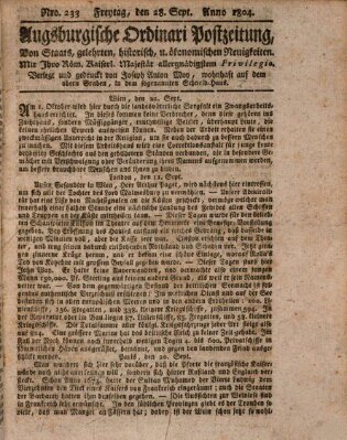 Augsburgische Ordinari Postzeitung von Staats-, gelehrten, historisch- u. ökonomischen Neuigkeiten (Augsburger Postzeitung) Freitag 28. September 1804