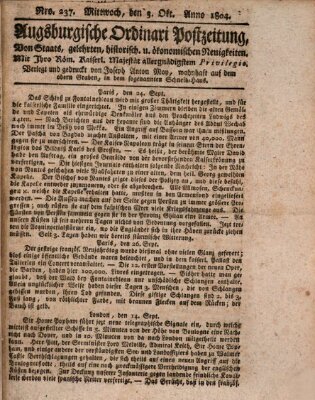 Augsburgische Ordinari Postzeitung von Staats-, gelehrten, historisch- u. ökonomischen Neuigkeiten (Augsburger Postzeitung) Mittwoch 3. Oktober 1804