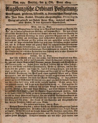 Augsburgische Ordinari Postzeitung von Staats-, gelehrten, historisch- u. ökonomischen Neuigkeiten (Augsburger Postzeitung) Freitag 5. Oktober 1804