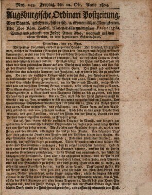 Augsburgische Ordinari Postzeitung von Staats-, gelehrten, historisch- u. ökonomischen Neuigkeiten (Augsburger Postzeitung) Freitag 12. Oktober 1804