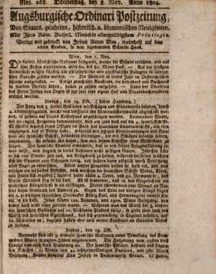 Augsburgische Ordinari Postzeitung von Staats-, gelehrten, historisch- u. ökonomischen Neuigkeiten (Augsburger Postzeitung) Donnerstag 8. November 1804