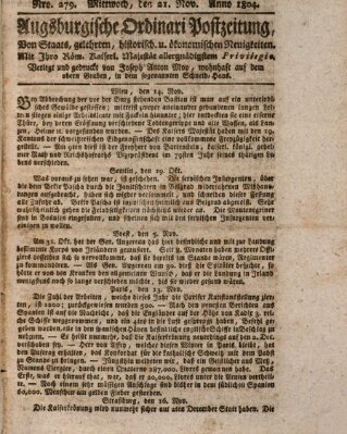 Augsburgische Ordinari Postzeitung von Staats-, gelehrten, historisch- u. ökonomischen Neuigkeiten (Augsburger Postzeitung) Mittwoch 21. November 1804