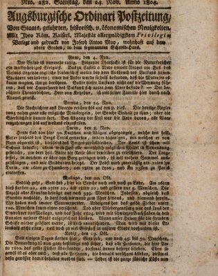 Augsburgische Ordinari Postzeitung von Staats-, gelehrten, historisch- u. ökonomischen Neuigkeiten (Augsburger Postzeitung) Samstag 24. November 1804