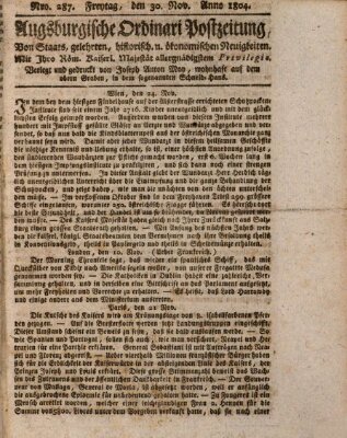 Augsburgische Ordinari Postzeitung von Staats-, gelehrten, historisch- u. ökonomischen Neuigkeiten (Augsburger Postzeitung) Freitag 30. November 1804