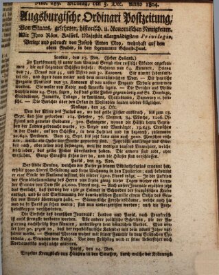 Augsburgische Ordinari Postzeitung von Staats-, gelehrten, historisch- u. ökonomischen Neuigkeiten (Augsburger Postzeitung) Montag 3. Dezember 1804