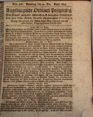 Augsburgische Ordinari Postzeitung von Staats-, gelehrten, historisch- u. ökonomischen Neuigkeiten (Augsburger Postzeitung) Samstag 22. Dezember 1804