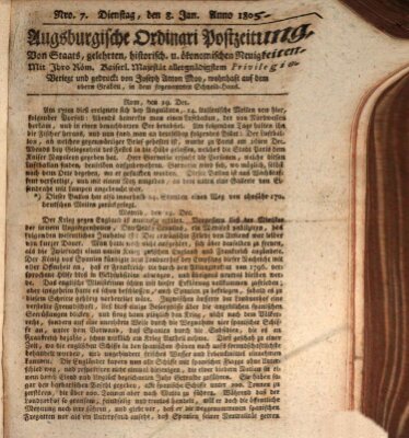 Augsburgische Ordinari Postzeitung von Staats-, gelehrten, historisch- u. ökonomischen Neuigkeiten (Augsburger Postzeitung) Dienstag 8. Januar 1805